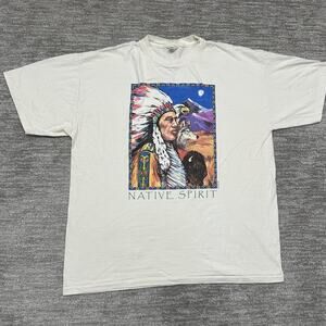 Vintage Native Spirit Shirt Mens XXL White Graphic Wolf Eagle Buffalo 90s USA